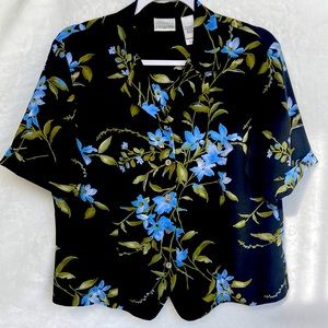 Vintage Villager Black Floral Short Sleeve Blouse Size Large